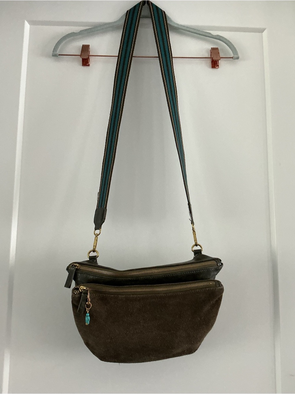Anthropologie Brown Suede Crossbody with Striped Webbing Strap double zip
